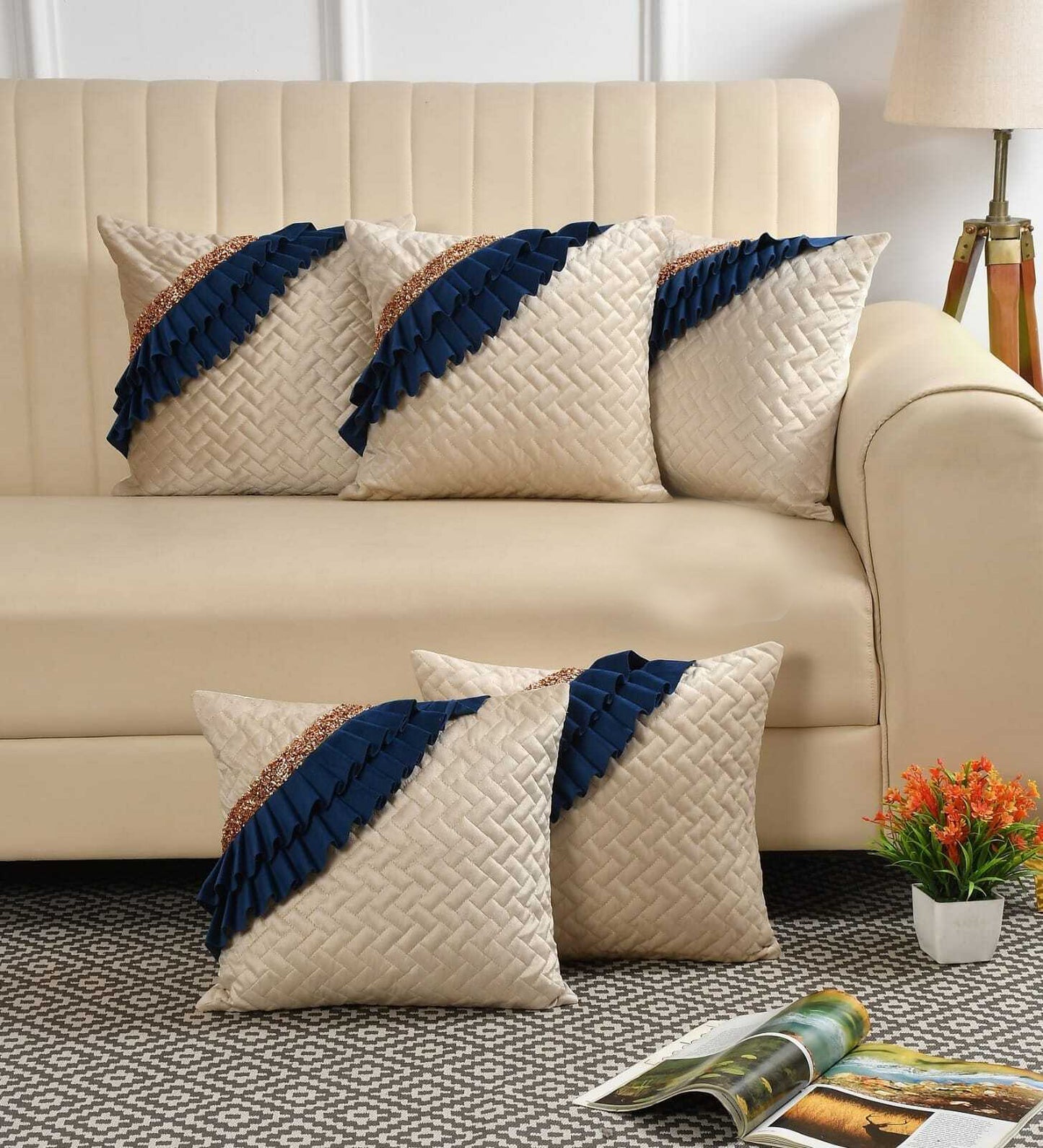 Blenzza Deco™ Royal Frill Cushion for Bedroom & Living Room Set of 5 with Filler (16*16Inch)