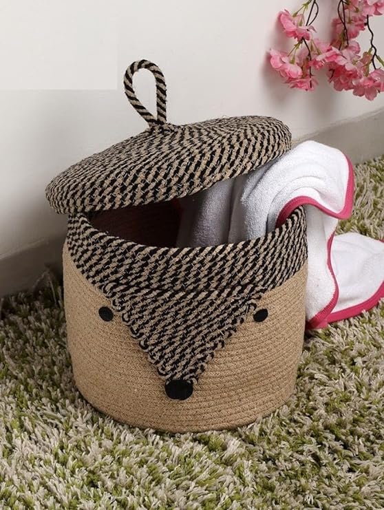 Blenzza Deco ™ Kids Lid Jute Storage Basket for Living Room Toy Basket for Nursery Storage with Beautiful Characters (Pack of 1)